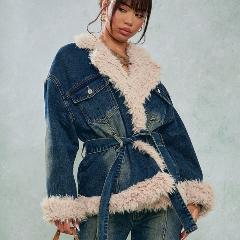 Indigo vintage wash borg contrast tie waist denim jacket